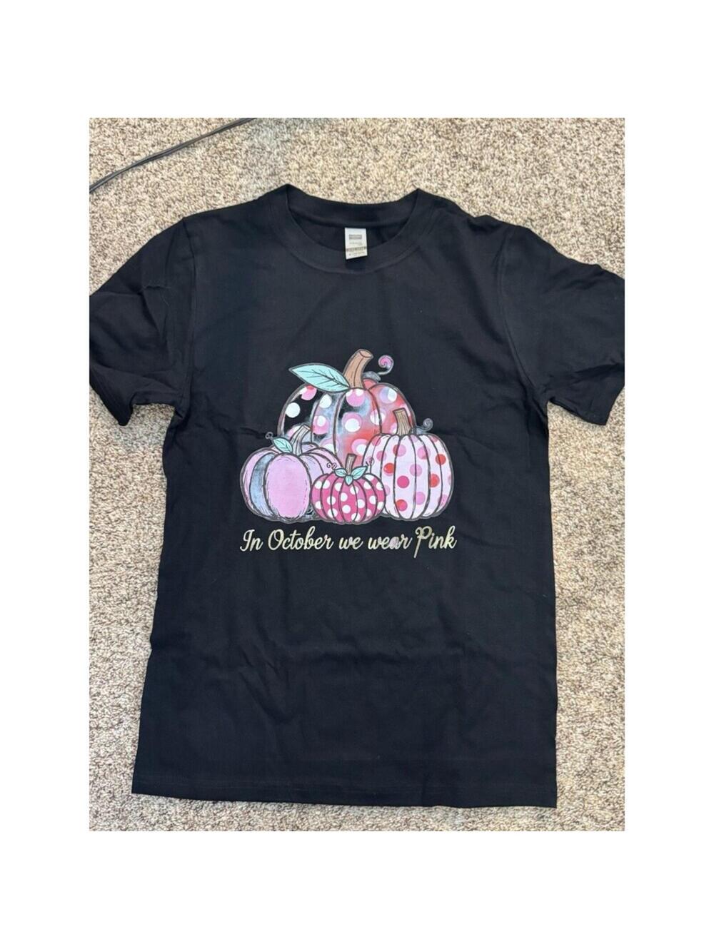 SALE Black "In October We Wear Pink" Pumpkin Breast Cancer Graphic T-Shirt